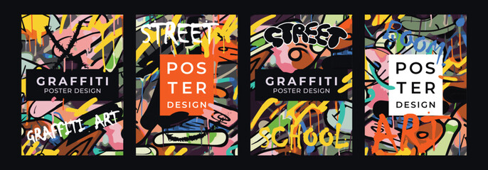 Set of posters graffiti style. Vector drawing poster template in dark colors, wall art, poster, banner, flyer. Design elements.