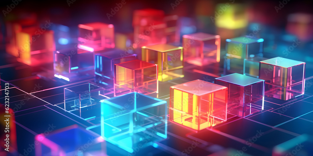 Poster futuristic cyberspace background, 3d style of data processing. futuristic technology. colorful cubes