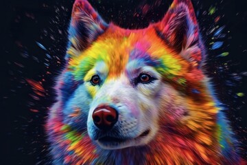Multi coloured illustration art, the head of a akita inu dog painted with with splashes and splatters of paint. Generative AI