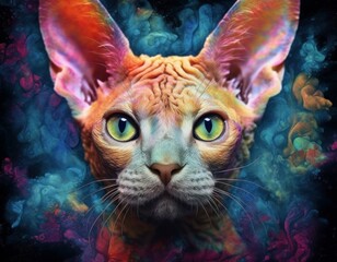 Multi coloured illustration art, the head of a devon rex cat painted with with splashes and splatters of paint. Generative AI