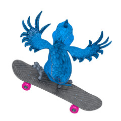 cartoon parrot is doing a radical pose on the skate board in rear view