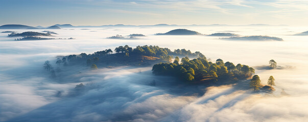 Aerial view of fog rising above island trees. Misty landscape with forest.
