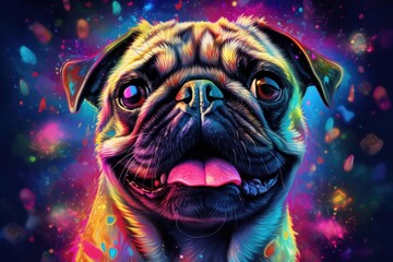 Portrait of a pug dog created with bright paint splatters. Generative AI - obrazy, fototapety, plakaty