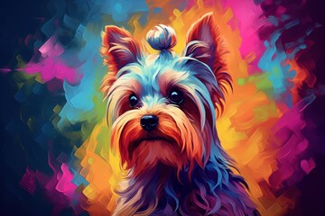Bright abstract art - portrait of a yorkshire terrier dog painted with splashes and splatters of paint. Generative AI - obrazy, fototapety, plakaty