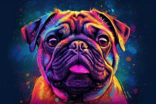 Multi coloured illustration art, the head of a pug dog painted with with splashes and splatters of paint. Generative AI