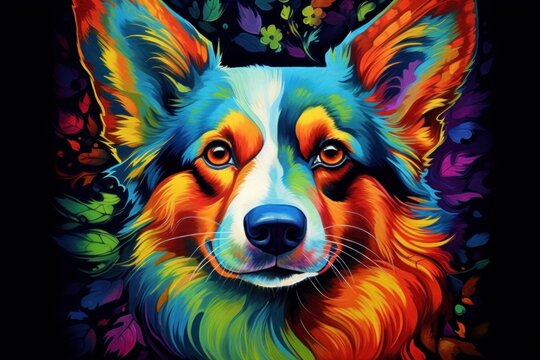 Multi coloured illustration art, the head of a welsh corgi dog painted with with splashes and splatters of paint. Generative AI