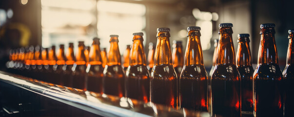 Beer botles in row. Beer bottles on Conveyor moving in brewery factory