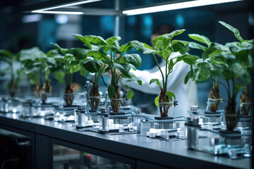 Hydroponics lab room on spacecraft. Organic laboratory scientists and biologists testing plants quality. Farm of the Future and agricultural laboratory concept. New methods of plant breeding and - obrazy, fototapety, plakaty