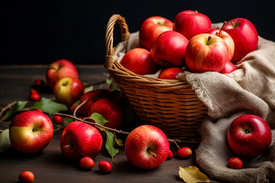 Apple harvest, baskets with red apples. High quality photo