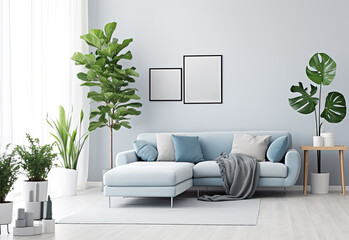 interior with blank picture frame, pastel color background
