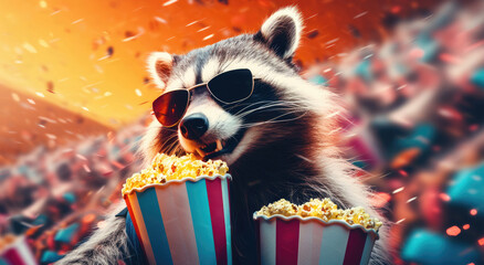 Funny cute happy raccoon holds popcorn buckets in dark glasses in the cinema. Advertisement of the film, creative banner. Generative AI. High quality illustration. - obrazy, fototapety, plakaty
