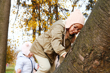A large family spends time together in the park. Children try to climb a tree, dad helps them not to fall.