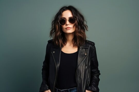 Portrait of a beautiful fictional woman. Brunette model wearing sunglasses. Grunge chic style. Isolated on a plain colored background. Generative AI illustration.