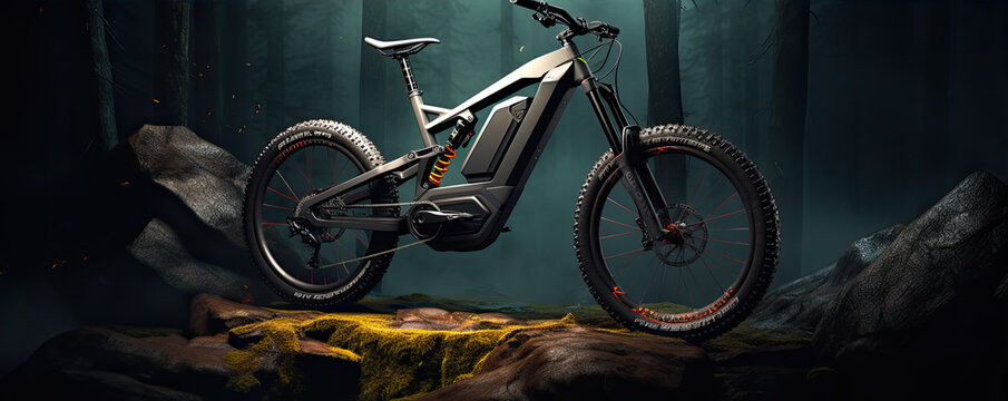 Electric bicycle in dark forest.