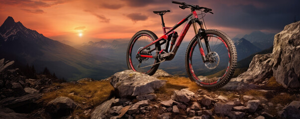 Obraz premium cyclist riding mountain bike. wide banner or panorama photo