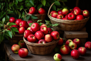 Fototapeta na wymiar Apple harvest, baskets with red apples. High quality photo