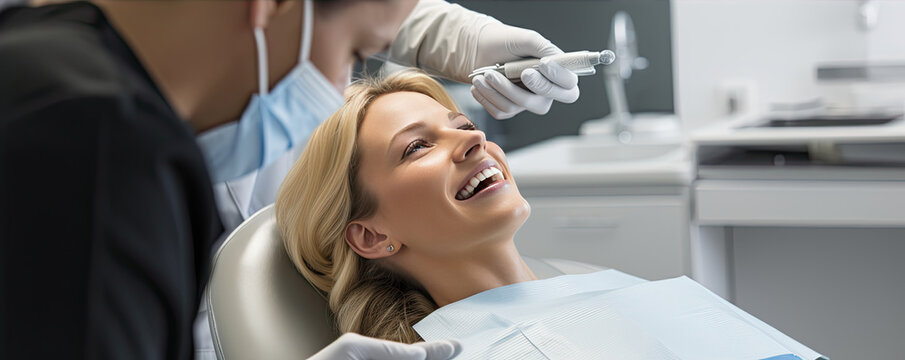 Beautiful woman sitting in dental chair, wide banner