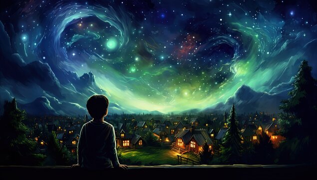 art illustration young boy sitting on balcony looking at village under starry night sky, Generative Ai