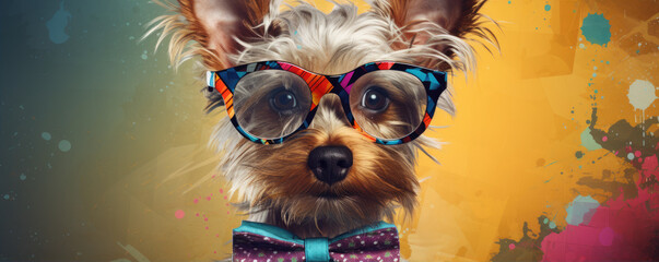 Smart or cool dog in glasses. Funny lovely pet concept. colorful vivid background,