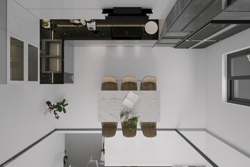 modern kitchen and dining table, 3d render