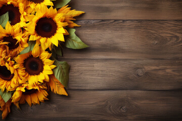 Sunflowers on the wooden background, flat lay, autumn banner. High quality photo