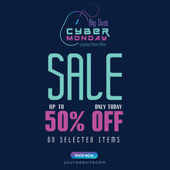 Fototapeta premium Cyber Monday Colorful Neon Style Super Sale Web Banner. Cyber Monday Sale Special Offer Social Media Post Design. Business, Promotion, and Advertising Vector Template. Seasonal Offers Mega Big Sale