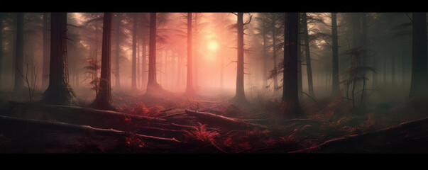 Beautiful magic forest in dark background. Magical fantasy or fairy scenery, night in a forest, copy space for text