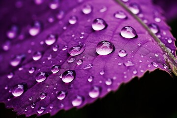 drops of dew on a purple flower leaf close up