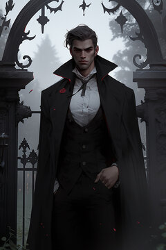 Beautiful fantasy male vampire student with dark hair, standing on the background of the gate of the magical academy, smiling, vampire, werewolf, night, bats, gate, in vampire clothes, Generative AI