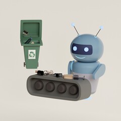 Cartoon roboti sorting garbage, automatic sorting of trash. 3D render illustration