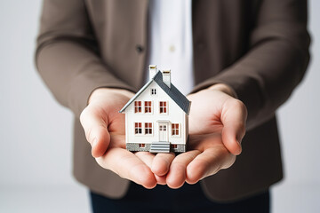 Man holding house model in his hands. Mortgage, home loan, real estate insurance and banking concept. Generative AI