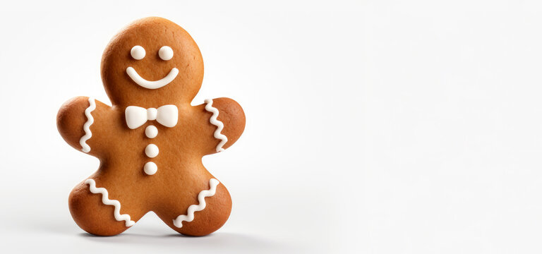 Holiday gingerbread man cookie isolated on white background. Cookie in shape of man with colored icing. Happy new year decoration. Merry christmas holiday. New year and xmas celebration. Generative ai