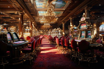 Obraz na płótnie Canvas realistic and beautiful image inside an illuminated casino, hyperrealistic photography, ai generated.