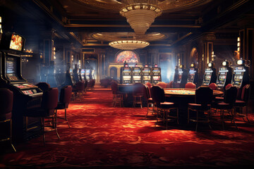 Naklejka premium realistic and beautiful image inside an illuminated casino, hyperrealistic photography, ai generated.