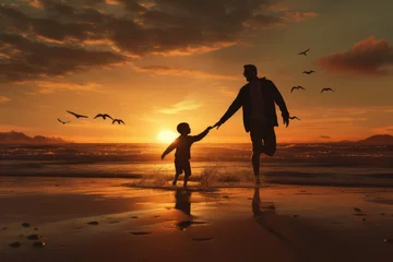 Printed roller blinds Camping photo of a father and son playing on the beach, sunset, father's day, ai generated.