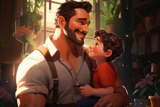 drawing in honor of father's day, a father hugging his son and daughter, ai generated.