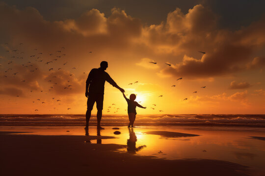 photo of a father and son playing on the beach, sunset, father's day, ai generated.
