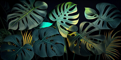 Stylish decor of bright leaves of fantastic plants on a black background. Generative AI