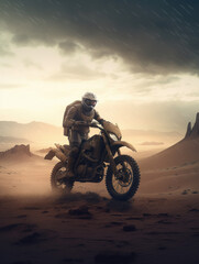 Fototapeta na wymiar Man riding a dirt bike in the desert. Generative AI