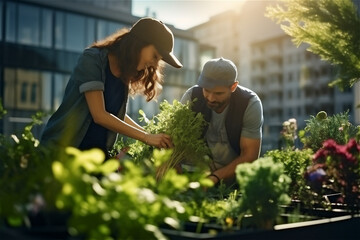 Young couple working in the roof garden in the modern big city