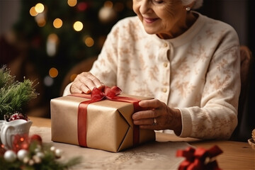 Obraz na płótnie Canvas Elderly woman pack gifts for christmas, decorate surprise box with red ribbon