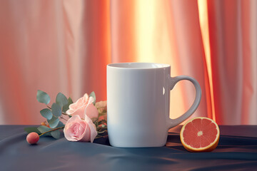 Obraz na płótnie Canvas artistic mug mock up in a curated whimsical studio setting with natural light and shadows and floral artistic details - ai generative art