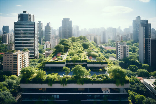 Gardens and trees on the roofs of a modern city, the concept of a green city and ecological life