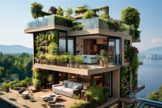 Modern high-rise buildings with lots of greenery on the roofs and balconies, the concept of green city and ecological future
