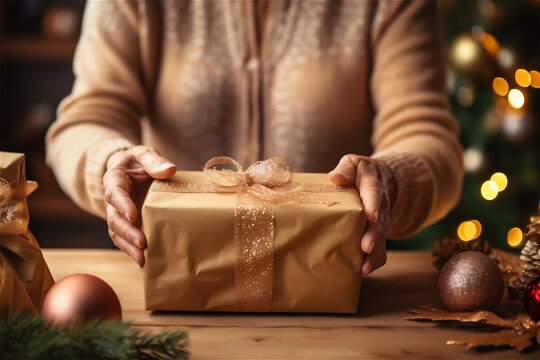 Eco friendly packaging christmas gifts in kraft paper by elderly woman