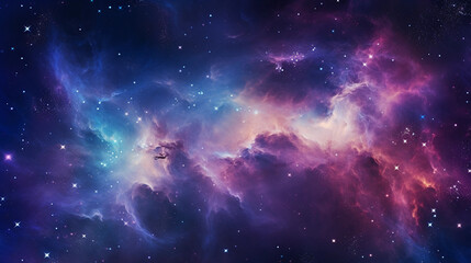 Abstract swirling nebula in vibrant shades of purple and blue, filled with countless twinkling stars, evoking a sense of cosmic wonder. Realistic space texture, long exposure, deep space shot with a H