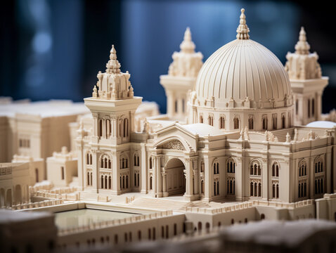 A detailed, close - up image of an architectural scale model, focusing on the minute details and textures, with soft studio lighting