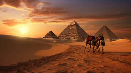 Pyramids of Giza during sunset, ancient structures highlighted by the golden hue, with camels crossing the scene, shadows stretched long over the sand