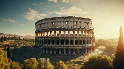 Fotobehang Colosseum Incredible aerial shot of the Roman Colosseum, high contrast, stunning sunrise light casting long shadows, intricate detailing of the ancient ruins