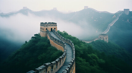 Moody, atmospheric shot of the Great Wall of China disappearing into a misty mountain range, muted...